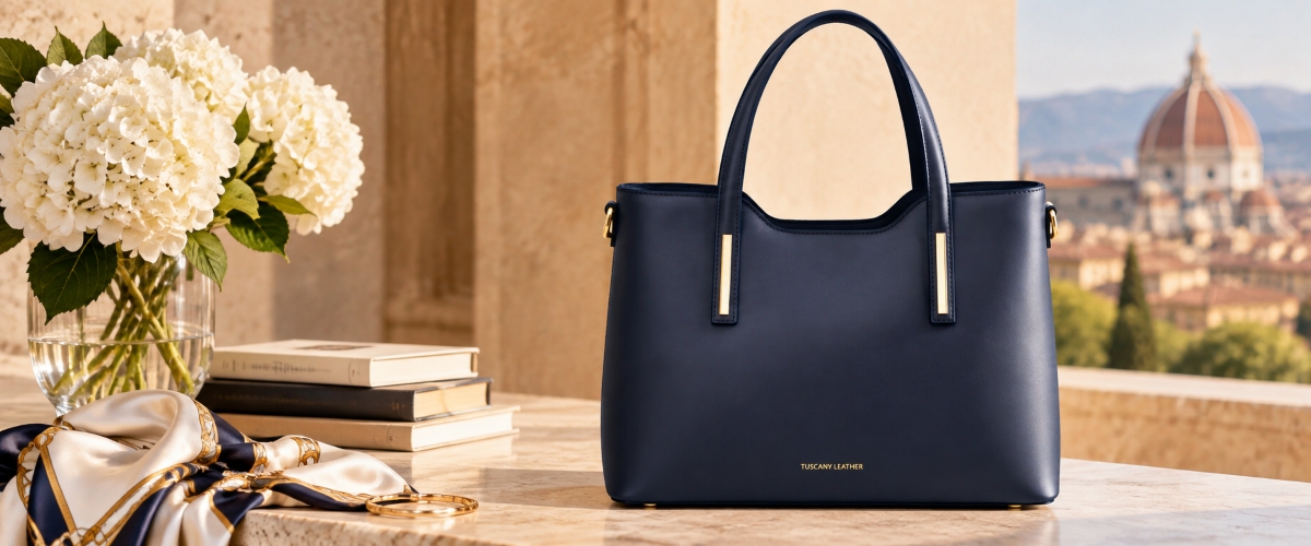 Navy leather tote bag with long handles against an Italian city backdrop